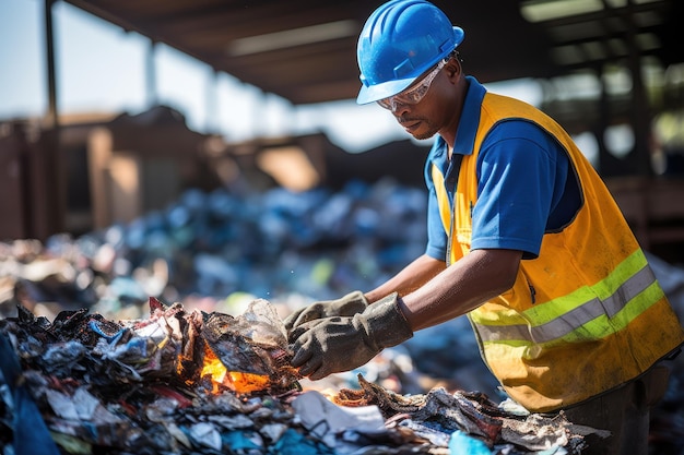 Trabalhadores da indústria de reciclagem reciclam itens usando centro de reciclagem de lentes macro
