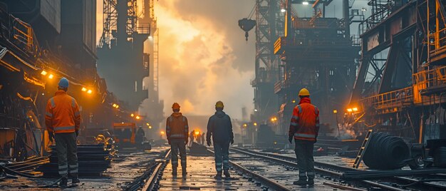 Trabalhadores da indústria siderúrgica segurando o aço a um guindaste