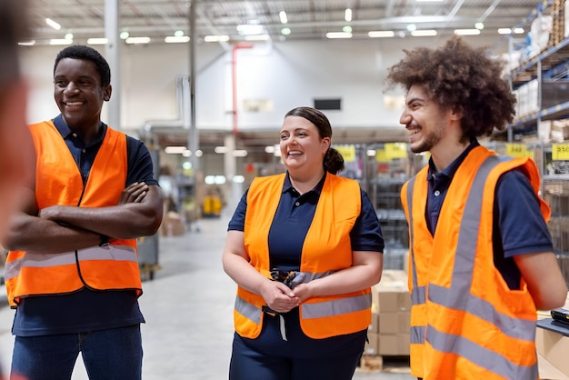 Foto trabalhadores de armazém sorridente discutindo o trabalho juntos no estaleiro