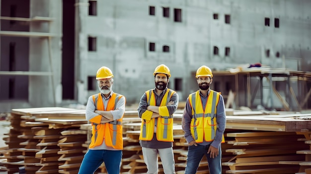 Trabalhadores de construção caucasianos de pé com os braços dobrados usando coletes de segurança e capacetes