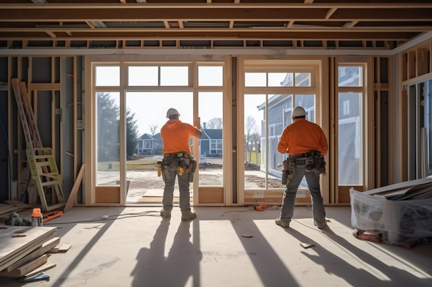 Trabalhadores de construção de portas Trabalhadores que instalam portas e janelas numa casa nova