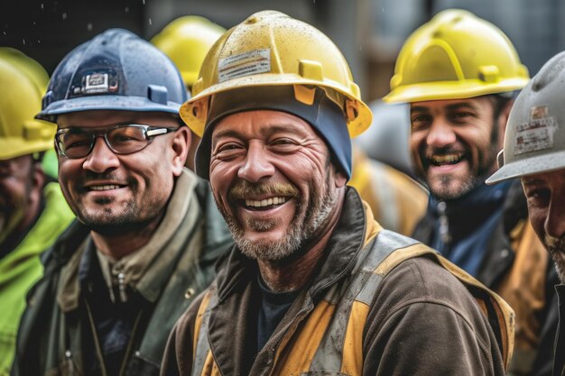 Trabalhadores de construção felizes vestindo uniformes no canteiro de obras