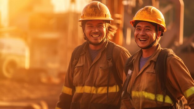 Trabalhadores de construção felizes vestindo uniformes no canteiro de obras