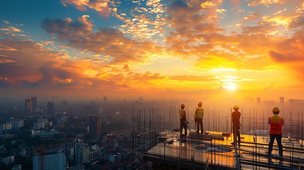 Trabalhadores de desenvolvimento urbano no nascer do sol