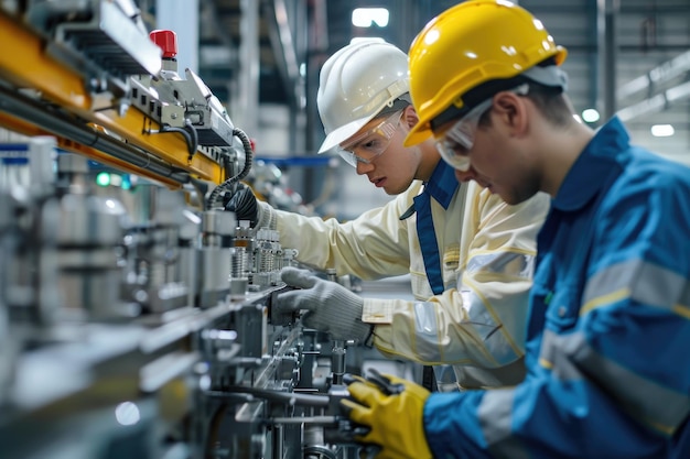 Trabalhadores de duas empresas diferentes usando equipamentos de segurança trabalham juntos em uma máquina complexa