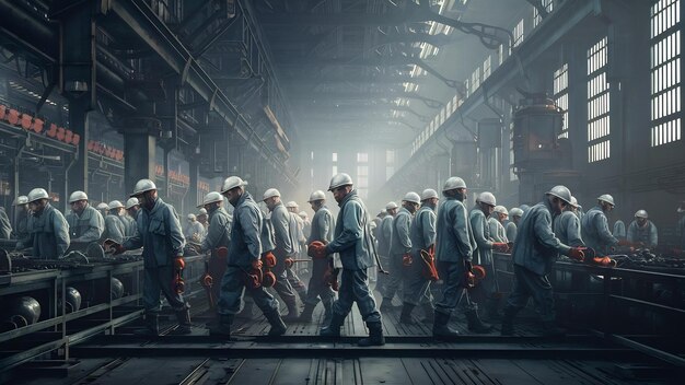 Trabalhadores de fábrica caminhando por uma grande sala de produção