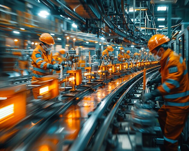 Foto trabalhadores de fábrica diligentes operando máquinas em um ambiente industrial