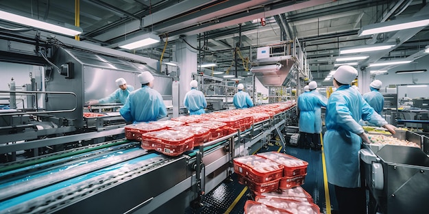 Foto trabalhadores de fábrica eficientes em esteiras transportadoras blue coats operando com a ajuda de ia generativa