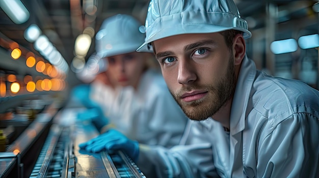 Trabalhadores de fábrica em uniforme inspeccionando máquinas numa linha de produção expressão séria