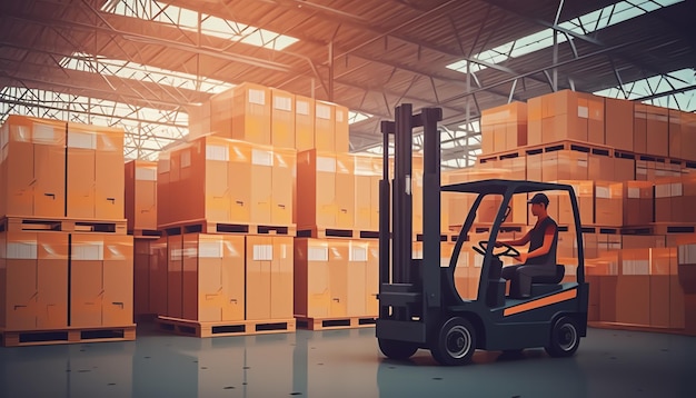 Trabalhadores de IA generativa descarregando caixas de embalagem em paletes no carregamento de caminhões de contêineres de carga