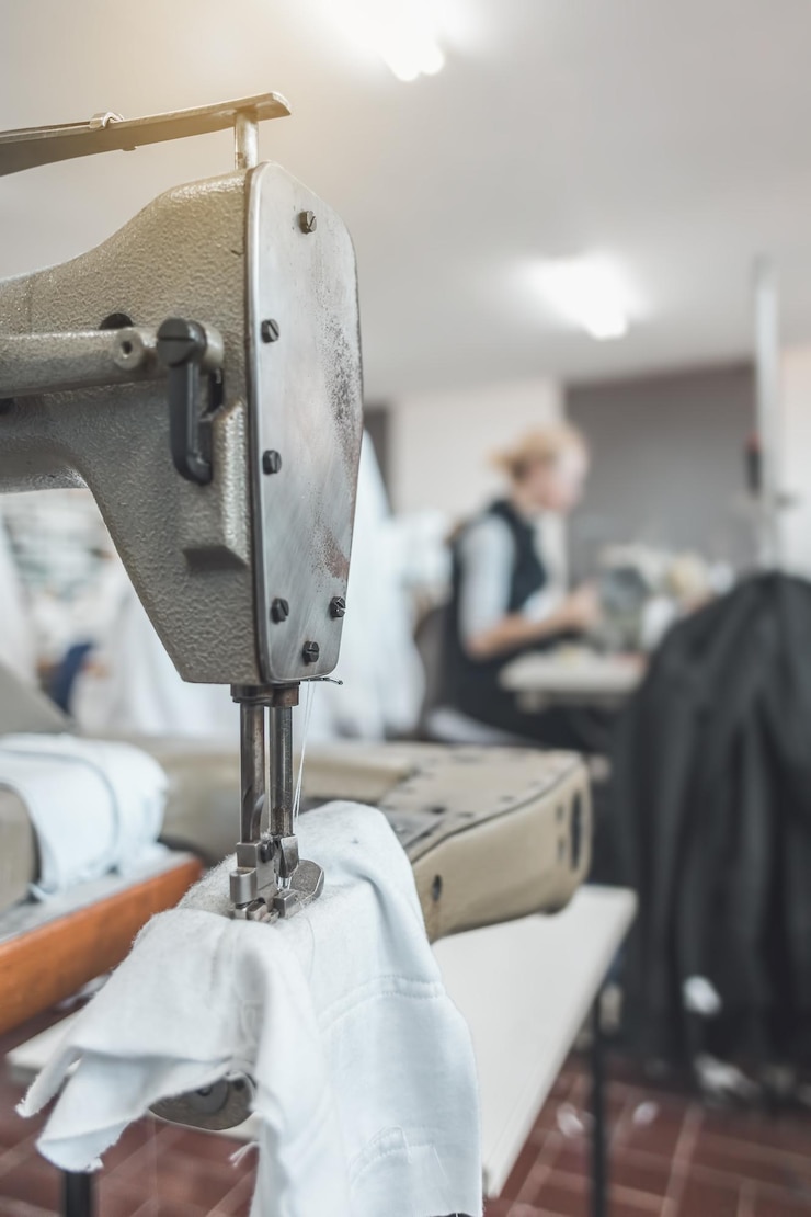 Foto trabalhadores de máquinas de costura na indústria do vestuário