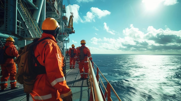 Trabalhadores de plataformas oceânicas em plataformas aquáticas usando capacetes de proteção AIG41