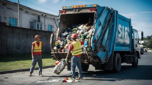 Foto trabalhadores de recolha de lixo recolhem lixo com um caminhão de coleta de lixo