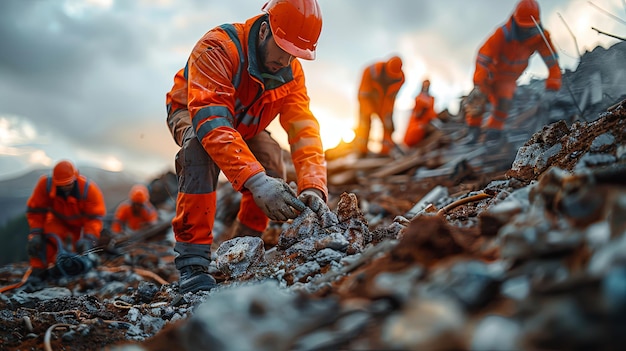 Trabalhadores de resgate em uniformes e capacetes laranjas Forças de busca procuram em um edifício destruído