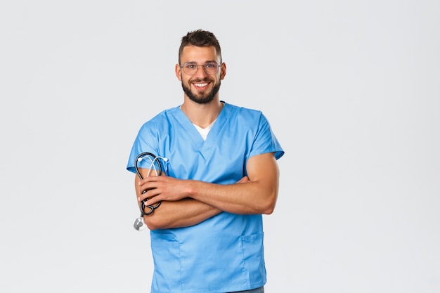 Foto trabalhadores de saúde, medicina, covid-19 e conceito de auto-quarentena pandêmica.