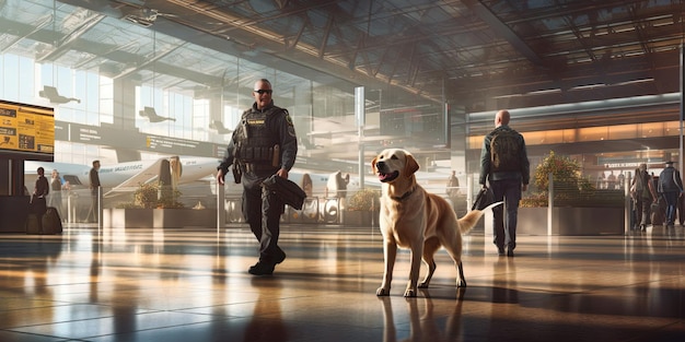 Trabalhadores de segurança com cães de detecção a patrulhar o terminal do aeroporto