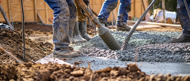 Trabalhadores derramando concreto para uma nova fundação solidam o trabalho em equipe