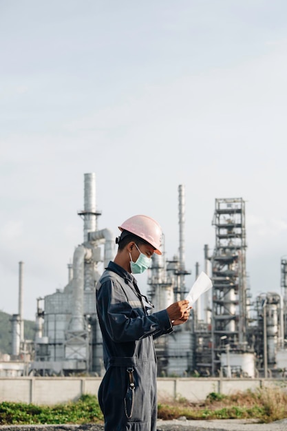 Trabalhadores do sexo masculino fazem inspeção e registro de refinaria de processo no petróleo e gás do canteiro de obras industriais.