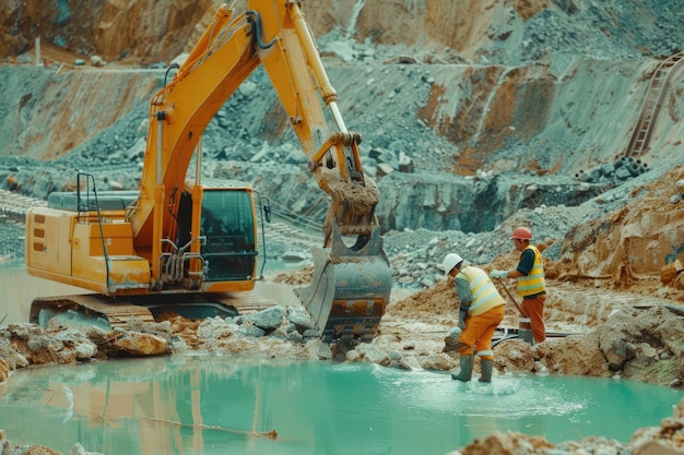 Foto trabalhadores e engenheiros escavam e drenam água no local de construção