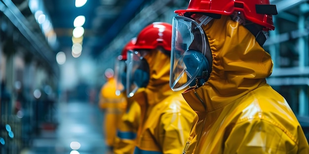 Trabalhadores em equipamento de segurança numa fábrica preparados para trabalhar num ambiente perigoso Conceito Segurança na fábrica Ambiente de trabalho perigoso Proteção dos trabalhadores Equipamento de segurança Precauções industriais