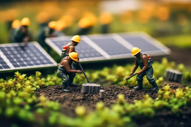 Trabalhadores em miniatura perto de painéis solares