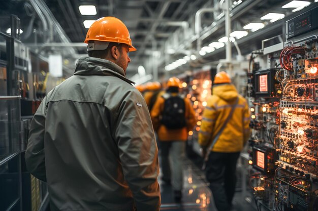 Foto trabalhadores especialistas em eletricista trabalham em uma usina elétrica painéis de controle e gestão elétrica