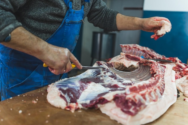 Trabalhadores experientes a cortar carne fresca numa fábrica de processamento de alimentos crus