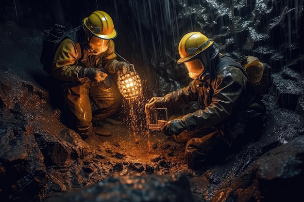 Trabalhadores extraindo minério de urânio de túneis subterrâneos profundos IA generativa