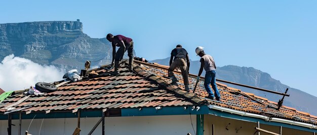 Foto trabalhadores imigrantes negros africanos que trabalham arduamente sob o sol quente africano reparam o telhado em cape town sout