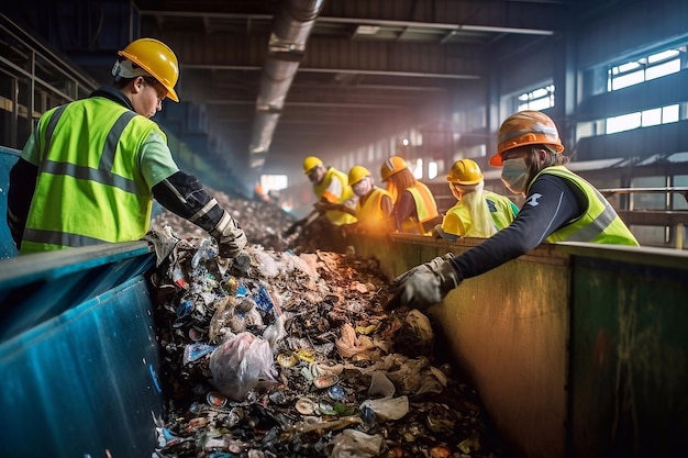 Foto trabalhadores industriais a classificar resíduos na fábrica