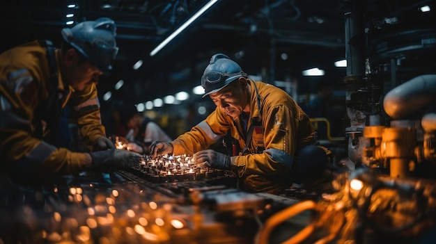 Trabalhadores industriais a trabalhar numa fábrica a soldar metal.