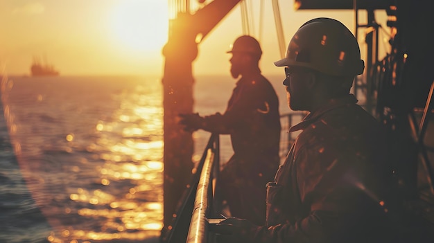 Foto trabalhadores industriais caucasianos na estação de tubos de petróleo no mar durante o pôr-do-sol