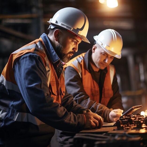 Trabalhadores industriais com ambiente de trabalho seguro com capacetes