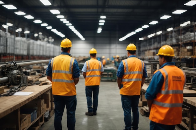 Trabalhadores industriais em armazém de fábrica usando chapéu e terno de segurança