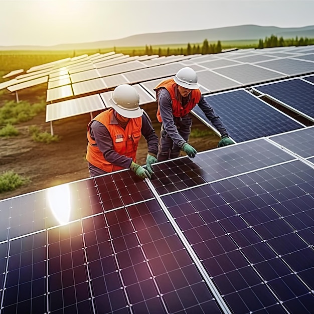 Trabalhadores instalando painéis solares na fábrica de usinas ao pôr do sol na natureza AI Generative