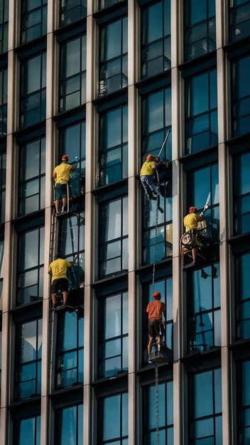 Trabalhadores lavando janelas no prédio de escritórios