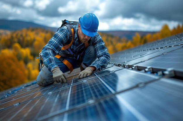 Trabalhadores montam sistema de energia com painel solar para geração de eletricidade