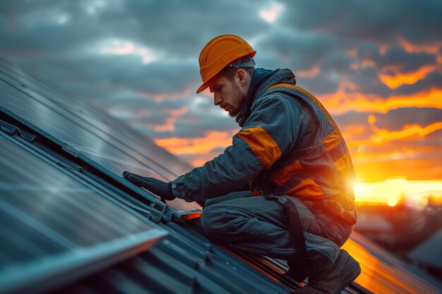 Foto trabalhadores montam sistema de energia com painel solar para geração de eletricidade