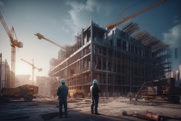 Trabalhadores participam da construção de um prédio em um canteiro de obras