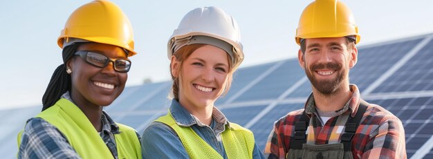 Trabalhadores profissionais com painéis solares que comercializam a diversidade de sustentabilidade e a energia limpa