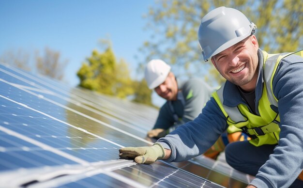 Trabalhadores profissionais com painéis solares que comercializam a diversidade de sustentabilidade e a energia limpa