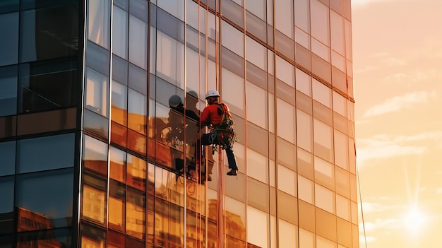 Trabalhadores profissionais de acesso por corda alpinistas limpando janelas em edifícios altos