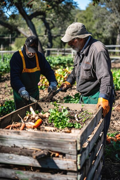 Foto trabalhadores que compostam solos ricos em matéria orgânica e nutrientes em sistemas agrícolas biodinâmicos