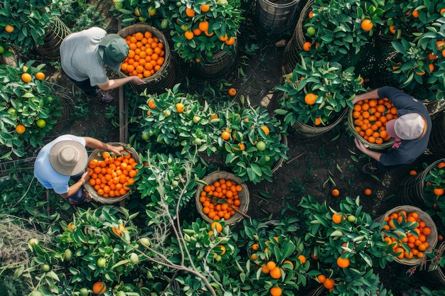 trabalhadores recolhendo árvores de mandarina colheita no jardim visão de drone