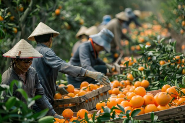 trabalhadores recolhendo árvores de mandarina colheita no jardim
