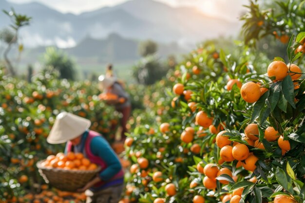 trabalhadores recolhendo árvores de mandarina colheita no jardim