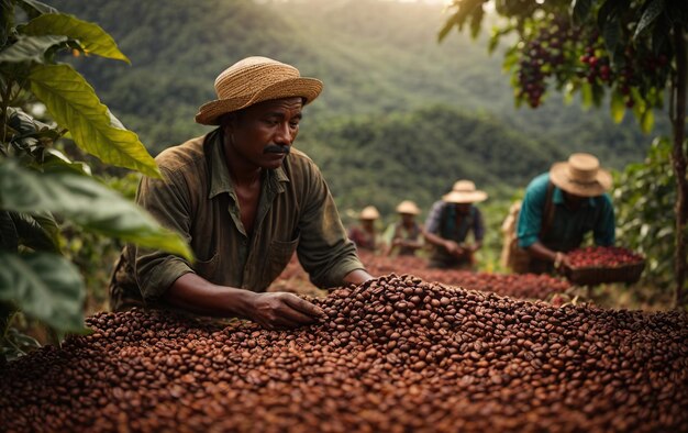 Trabalhadores selecionam grãos de café em uma fazenda de café gerada por IA