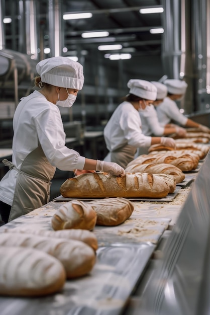 Trabalhadores trabalhando em uma fábrica preparando pão