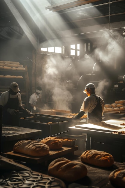 Trabalhadores trabalhando em uma fábrica preparando pão