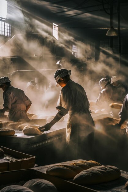 Trabalhadores trabalhando em uma fábrica preparando pão